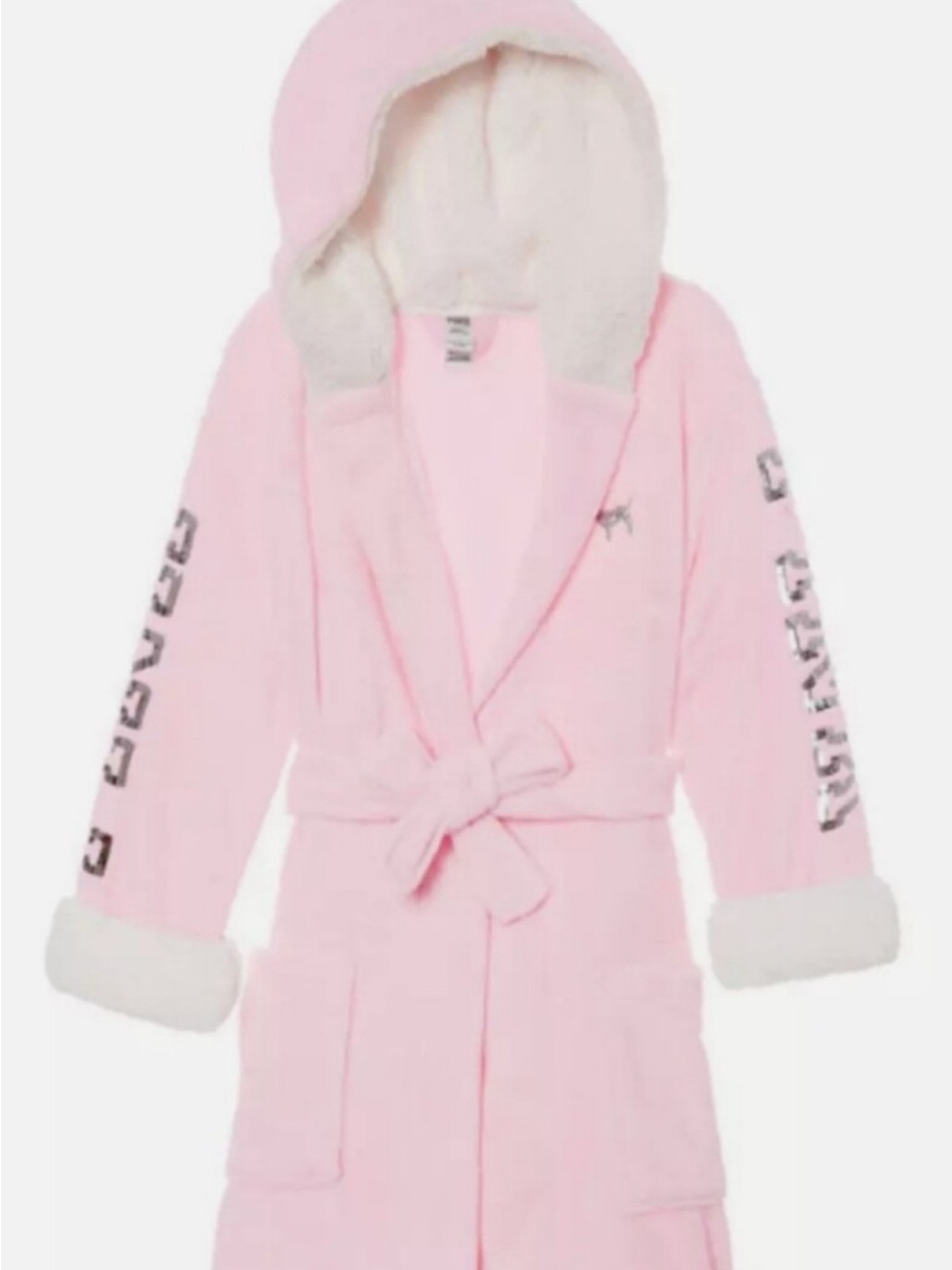 PINK Victoria's Secret Plush Hooded Robe in Light Pink with Cream Trim